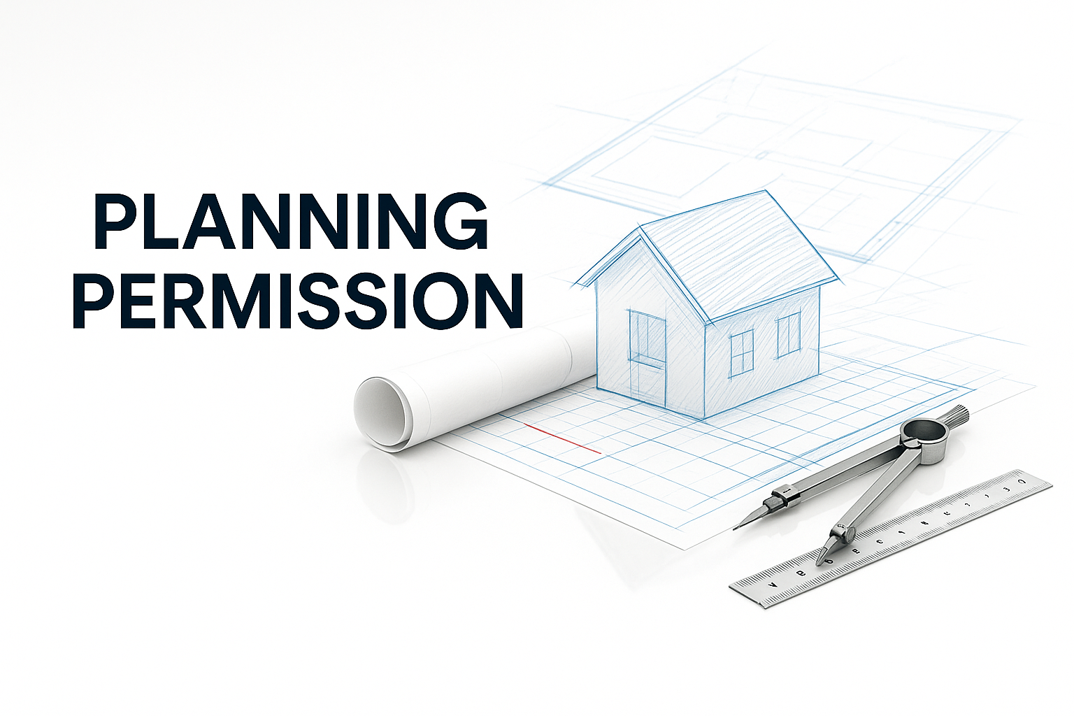 A blueprint sketch of a house, compass, ruler, and rolled plans.