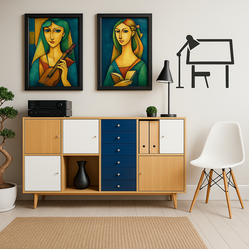  Premium modern interior with colorful art, wooden storage unit, and drafting table icon.