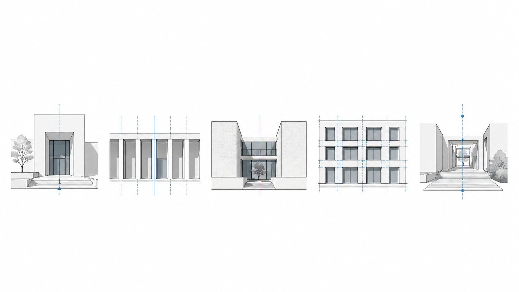 Architectural design principles shown through facade hierarchy, rhythm, balance, proportion, and alignment studies.