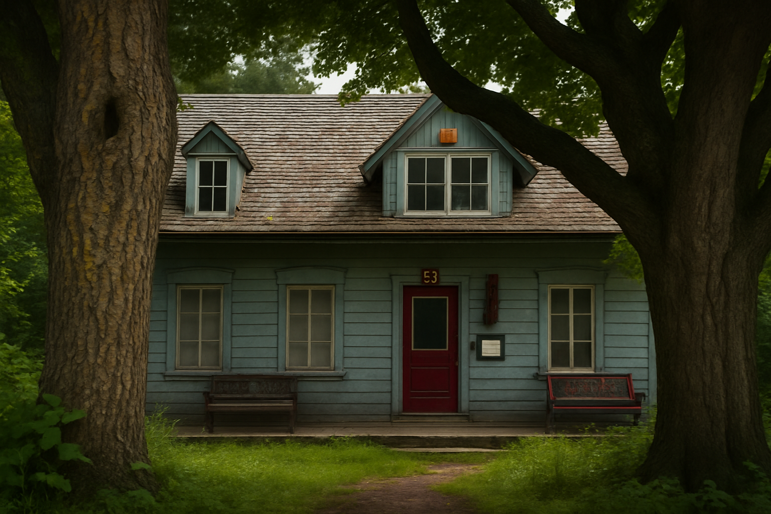 Restored historic rural house with original trees and weathered charm.