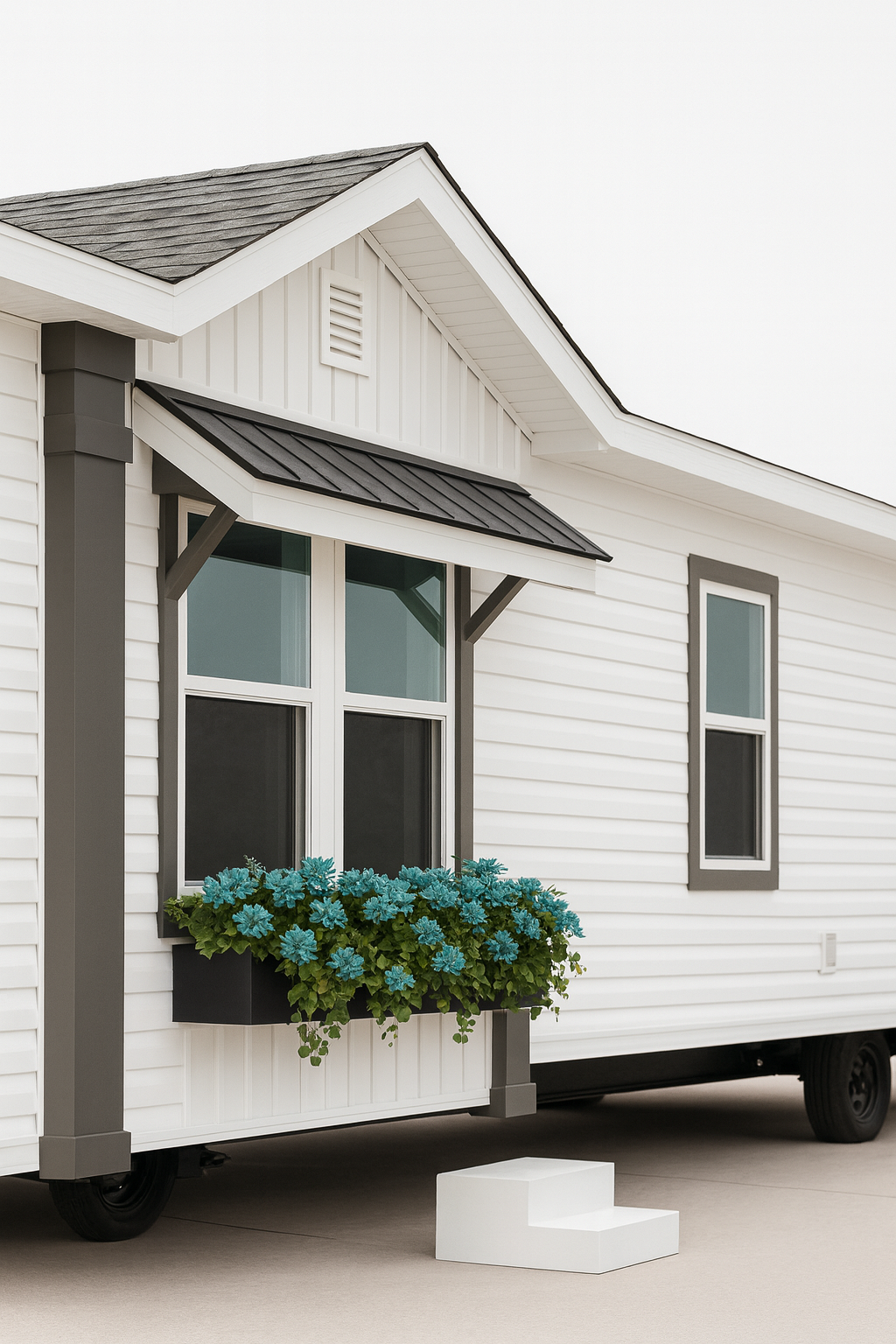 Close-up of sleek modern manufactured home.