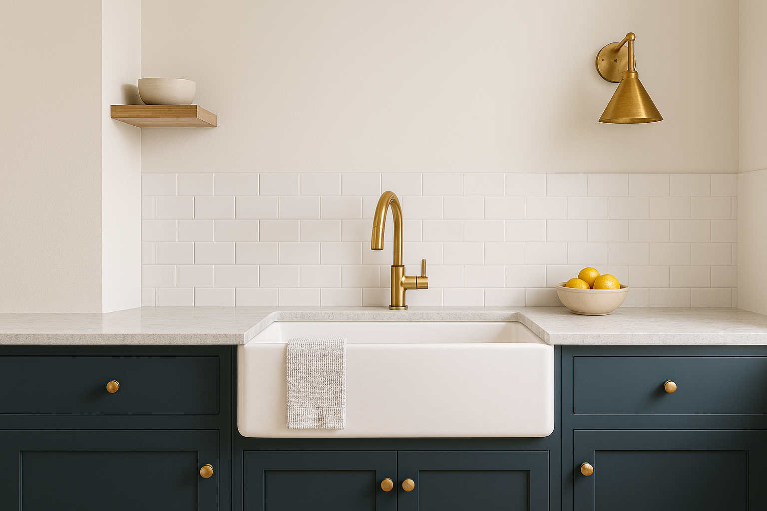 Renovated version of a 1930s sink with cleaner tiles and updated cabinetry.