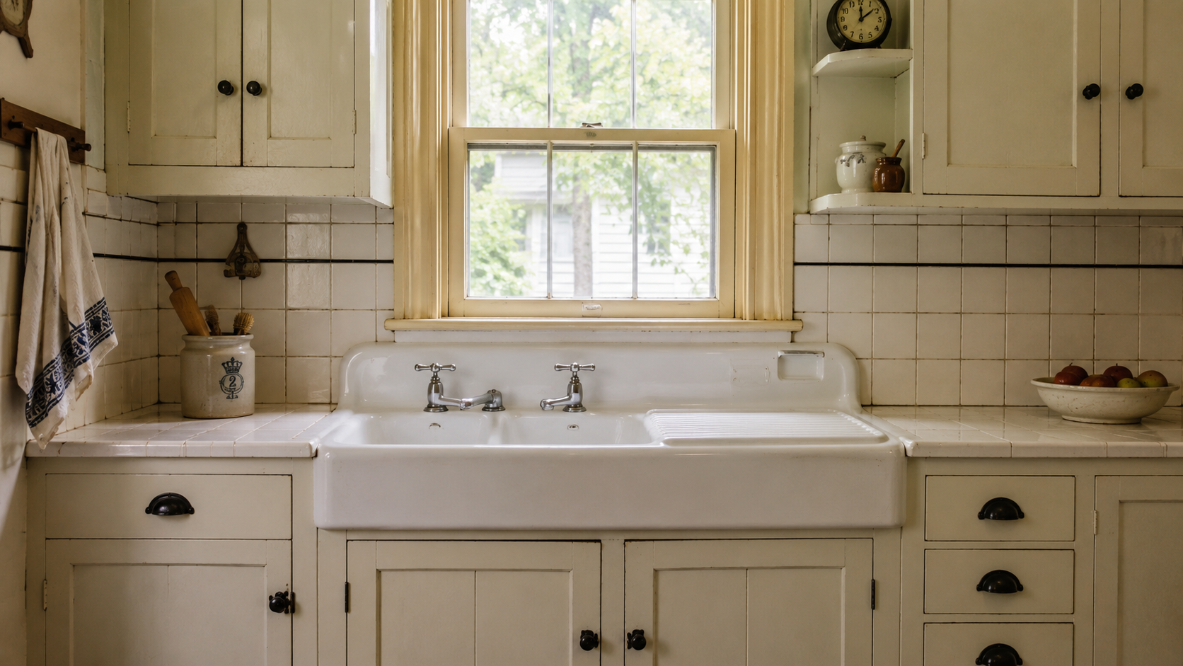 Restored 1930s kitchen sink with painted cabinets, white tile backsplash, and daylight from the window.