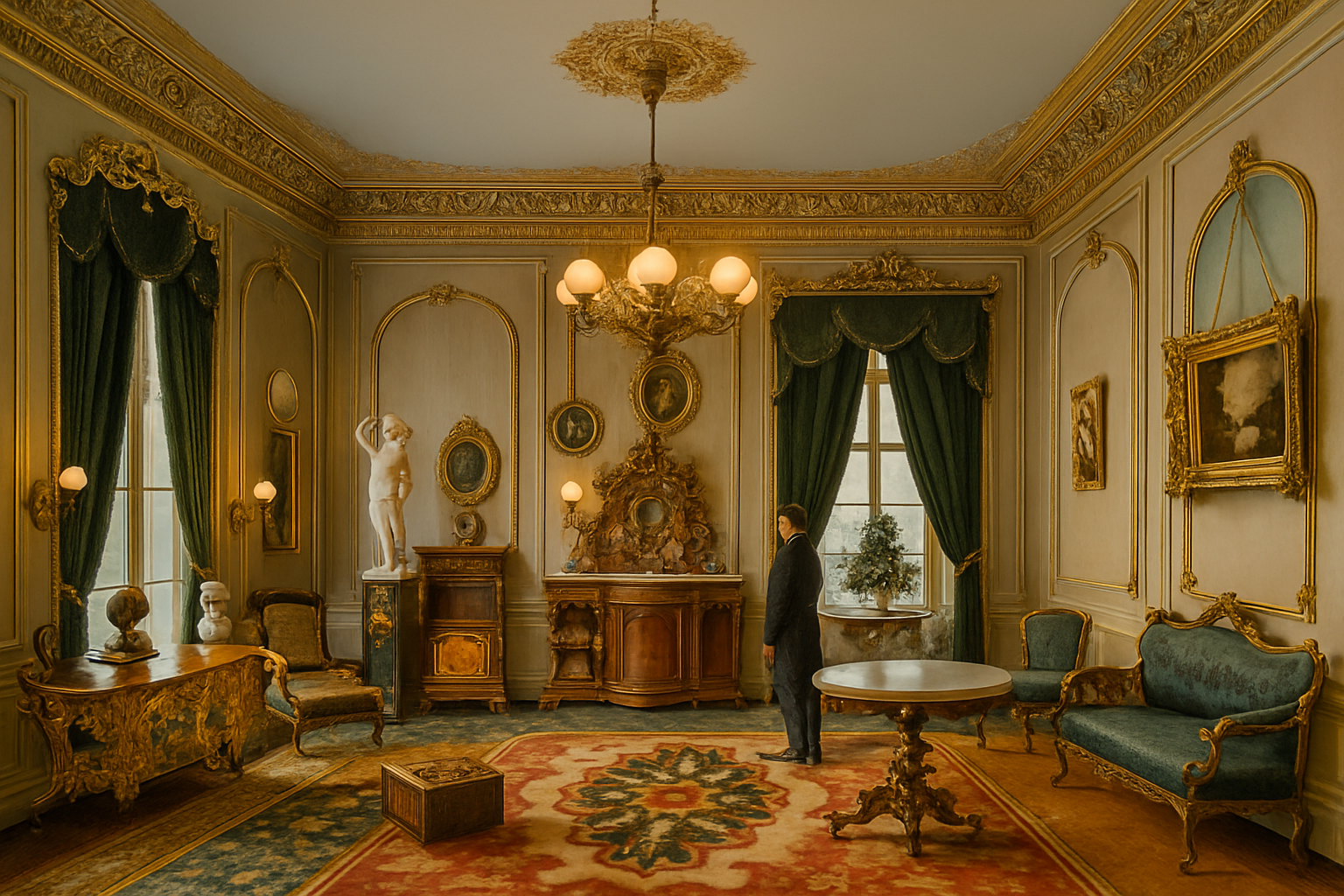 Restored 1880s Victorian parlor with wood furniture and chandeliers.