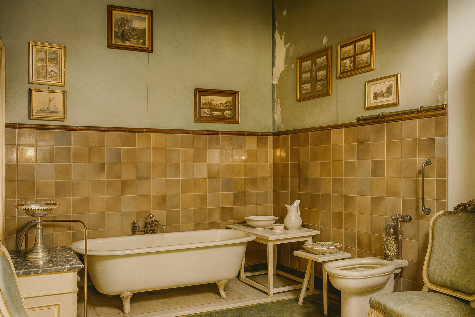 Vintage bathroom with clawfoot tub, tiled walls, and antique fixtures.
