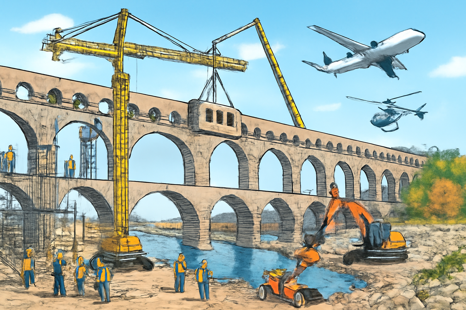 Cartoon imagining Romans using modern cranes, 3D printers, and drones for construction.