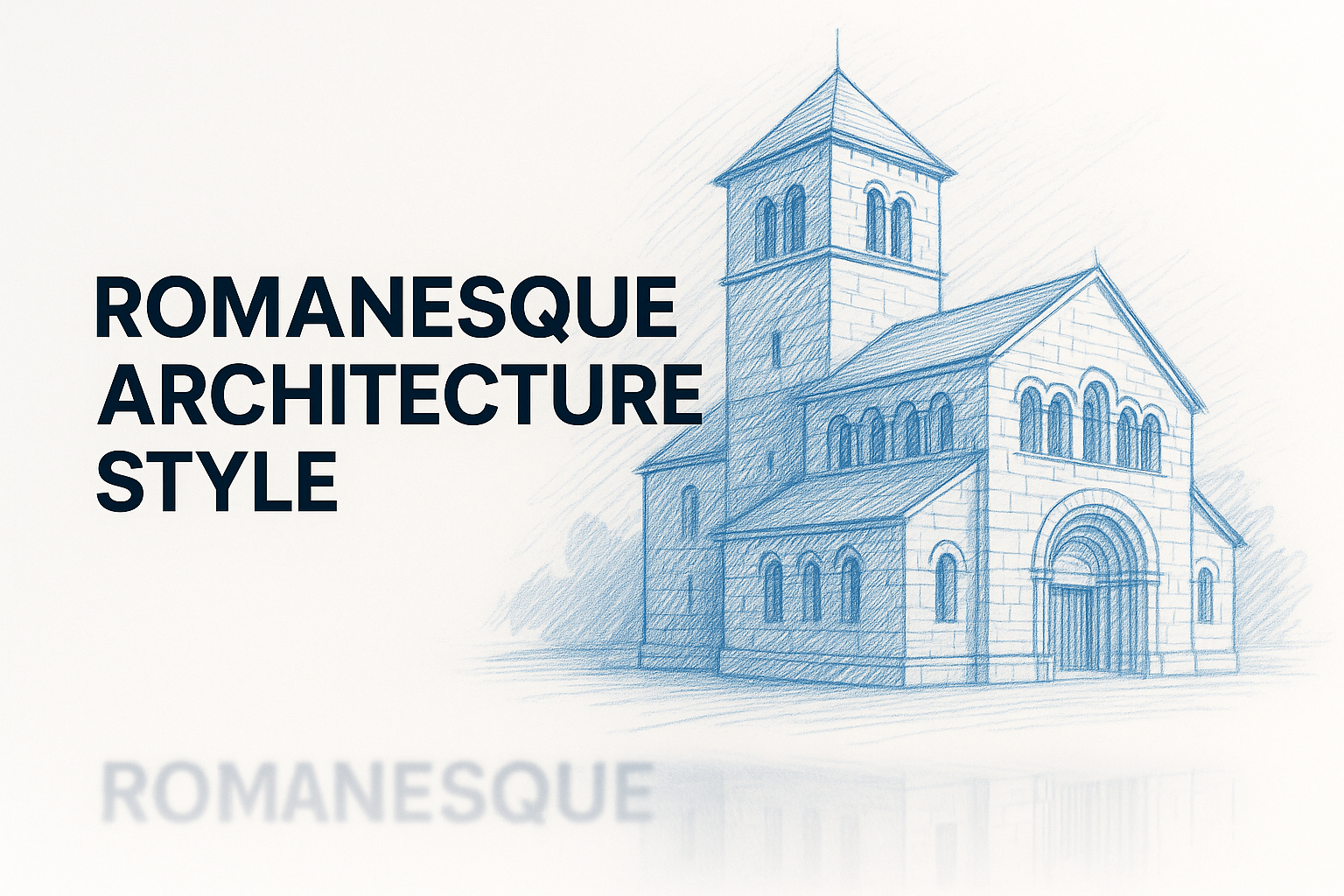 Sketch of Romanesque architecture with rounded arches and heavy walls.