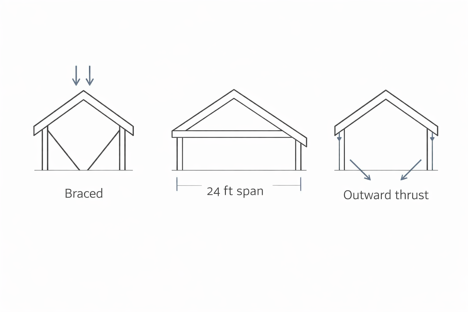 Showing roof braces resisting thrust, a 24 ft wide structure with a joint line between main roof and lean-to extension, and outward thrust without support.