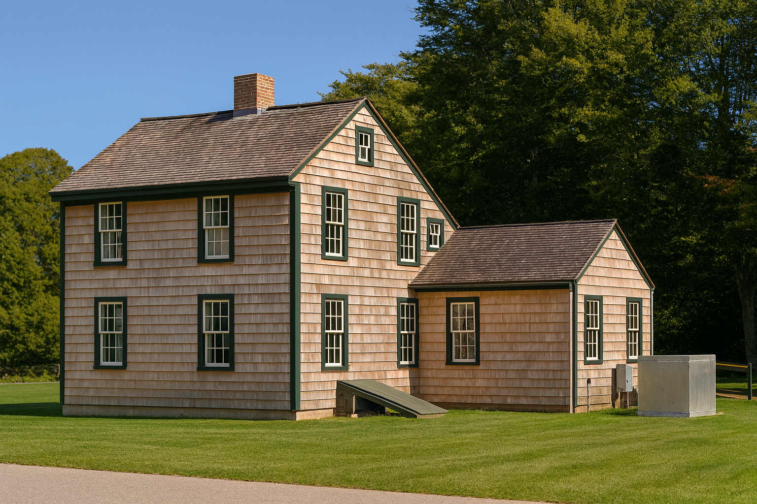 Close-up of a restored saltbox-style house with cedar shingles and green trim.