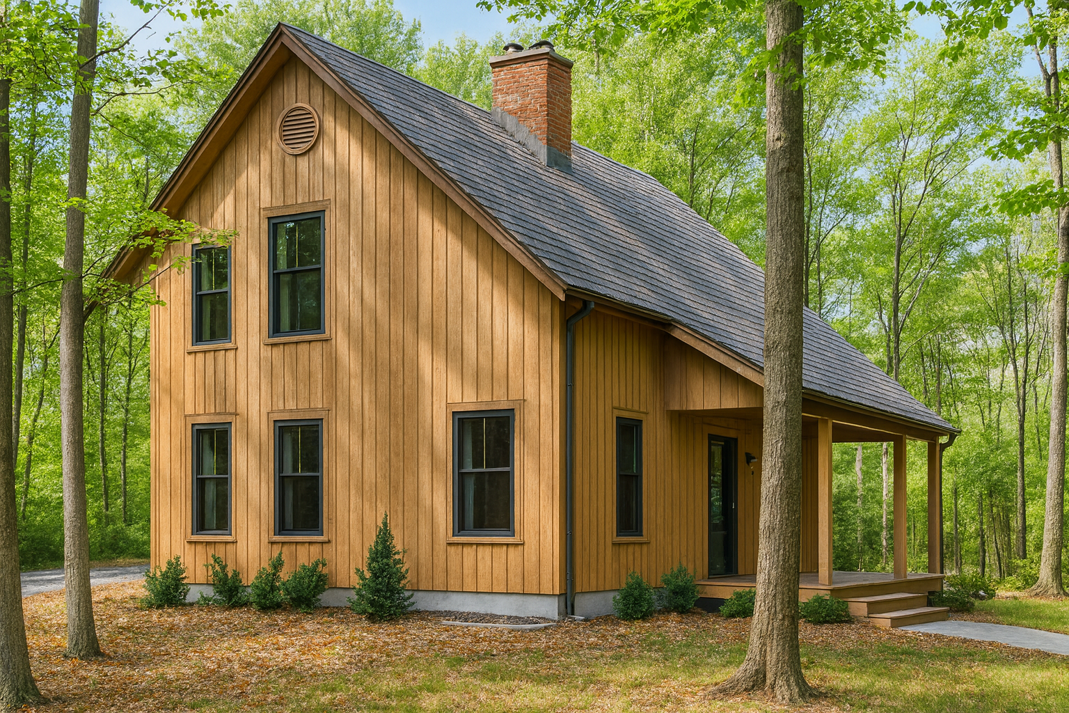 Modern saltbox-style house clad in natural wood with large windows and a clean, minimalist design.