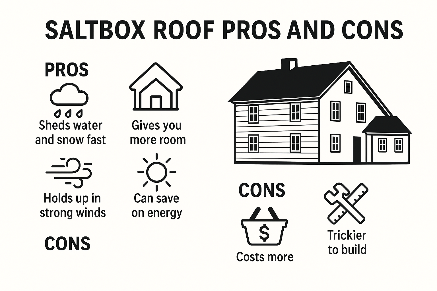 An infographic showing pros and cons of a saltbox roof.
