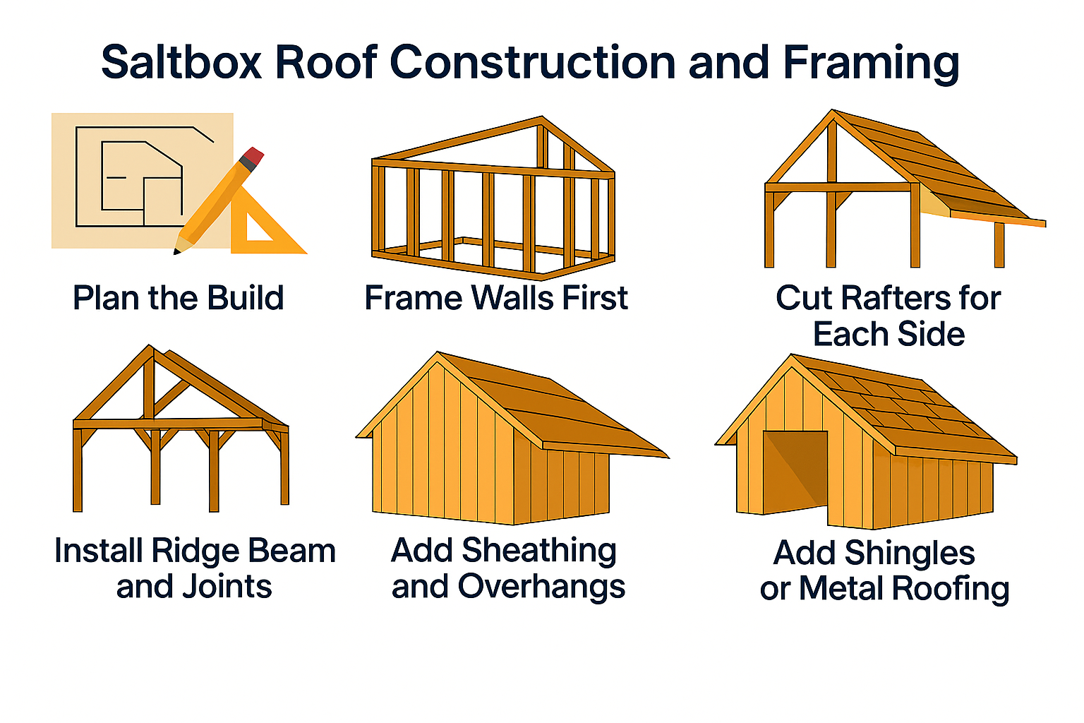 Step-by-step saltbox roof construction and framing guide.