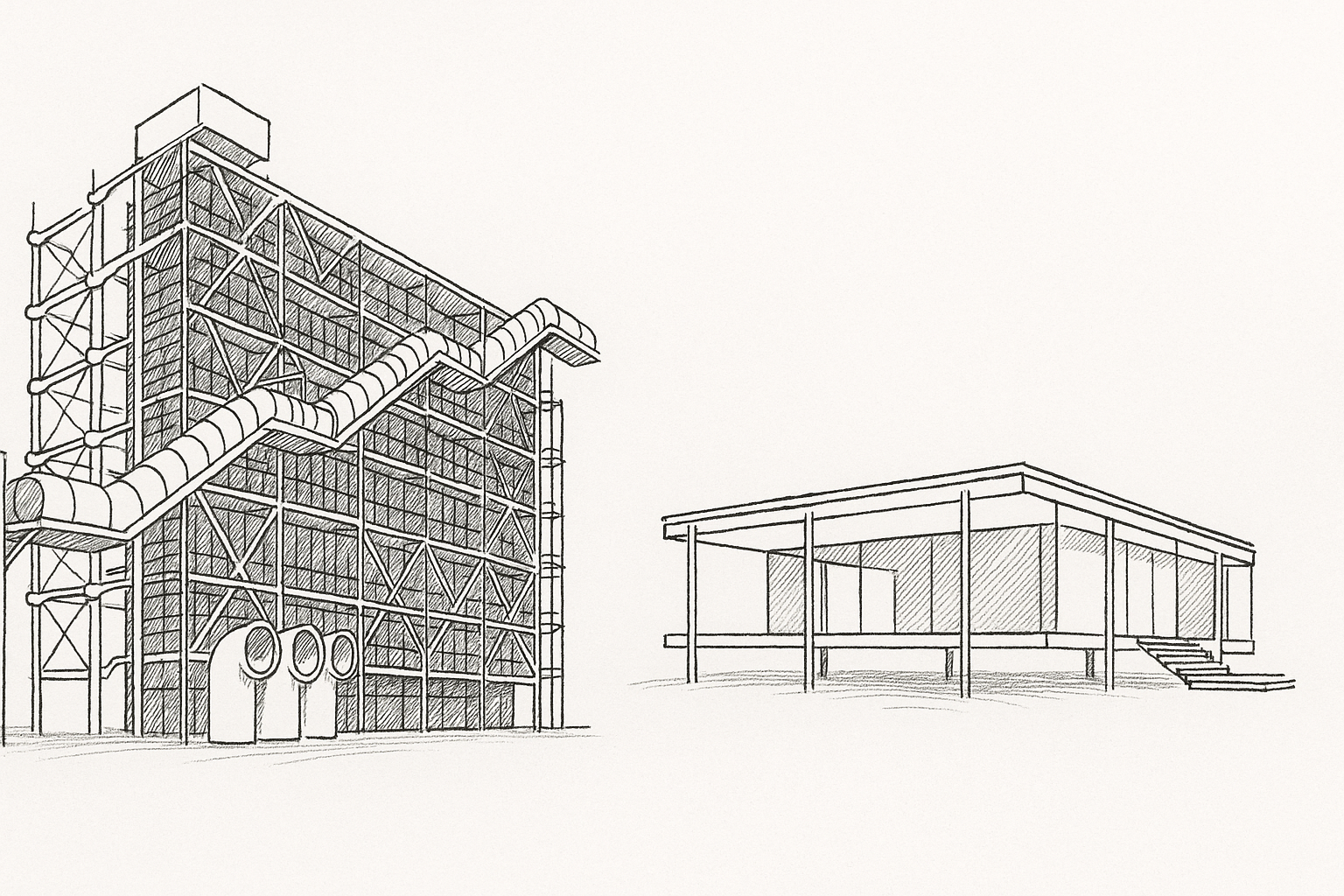 Showing contrast between the large-scale Centre Pompidou with exposed ducts and the human-scaled Farnsworth House.