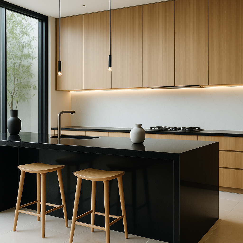 Scandinavian kitchen with oak cabinets, black countertops, and light flooring.