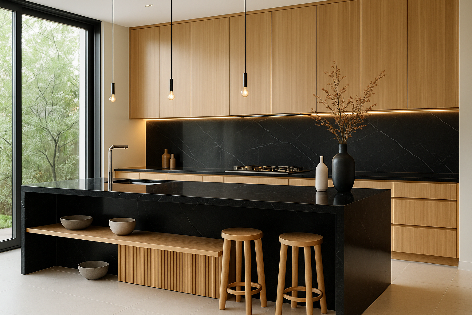 Scandinavian kitchen with oak cabinets, black countertops, and pendant lighting.