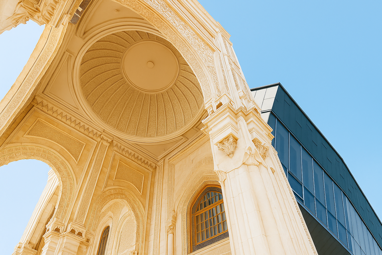 Architectural blend of classical Islamic arches and modern glass structure.