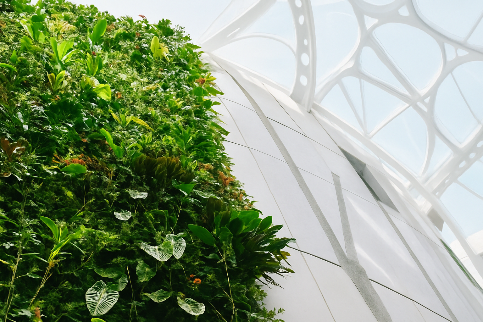 Modern glass building in Seattle with greenery on the facade.