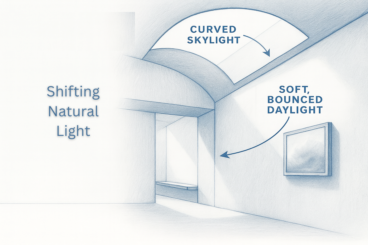 Natural light reflected indoors through skylights.