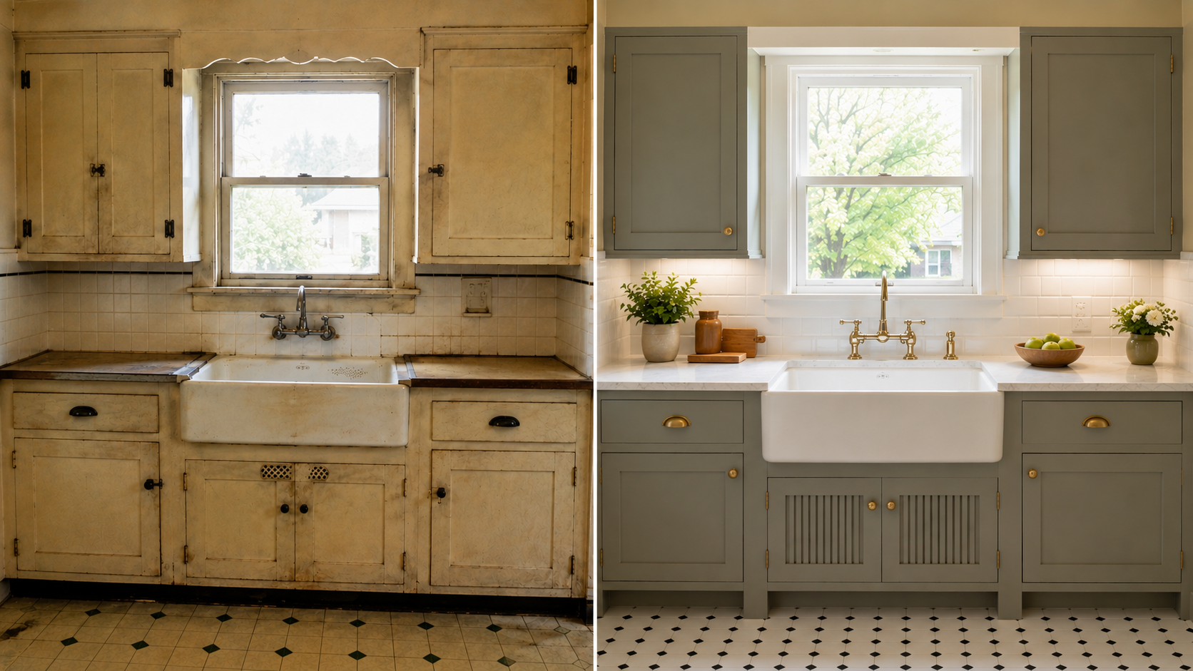 Before and after 1930s kitchen sink renovation showing repaired cabinets, cleaner tile, and updated faucet.
