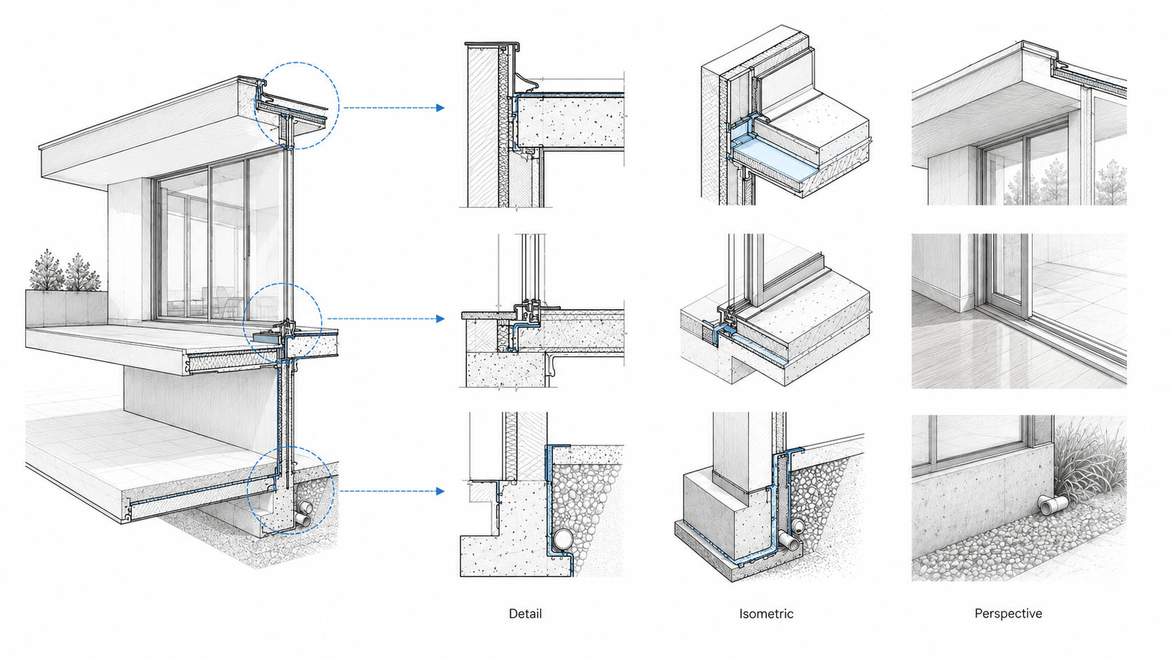 Architectural detail drawing diagram showing enlarged construction details, isometric views, and perspective drawings for roof, wall, slab, and foundation junctions.