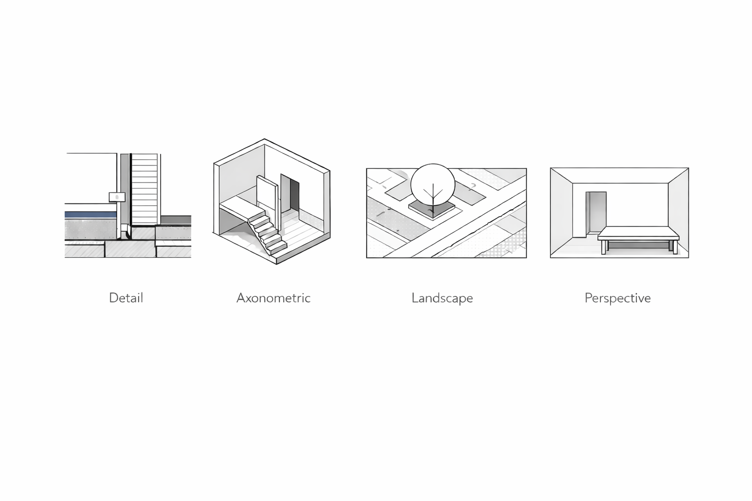 Four architectural drawing types shown as a minimal comparison plate: detail, axonometric, landscape, and perspective.