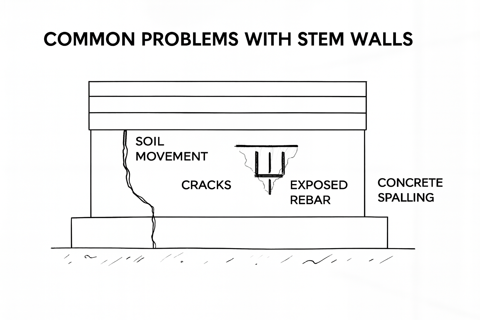 Common stem wall problems including soil movement, cracks, exposed rebar, and spalling.
