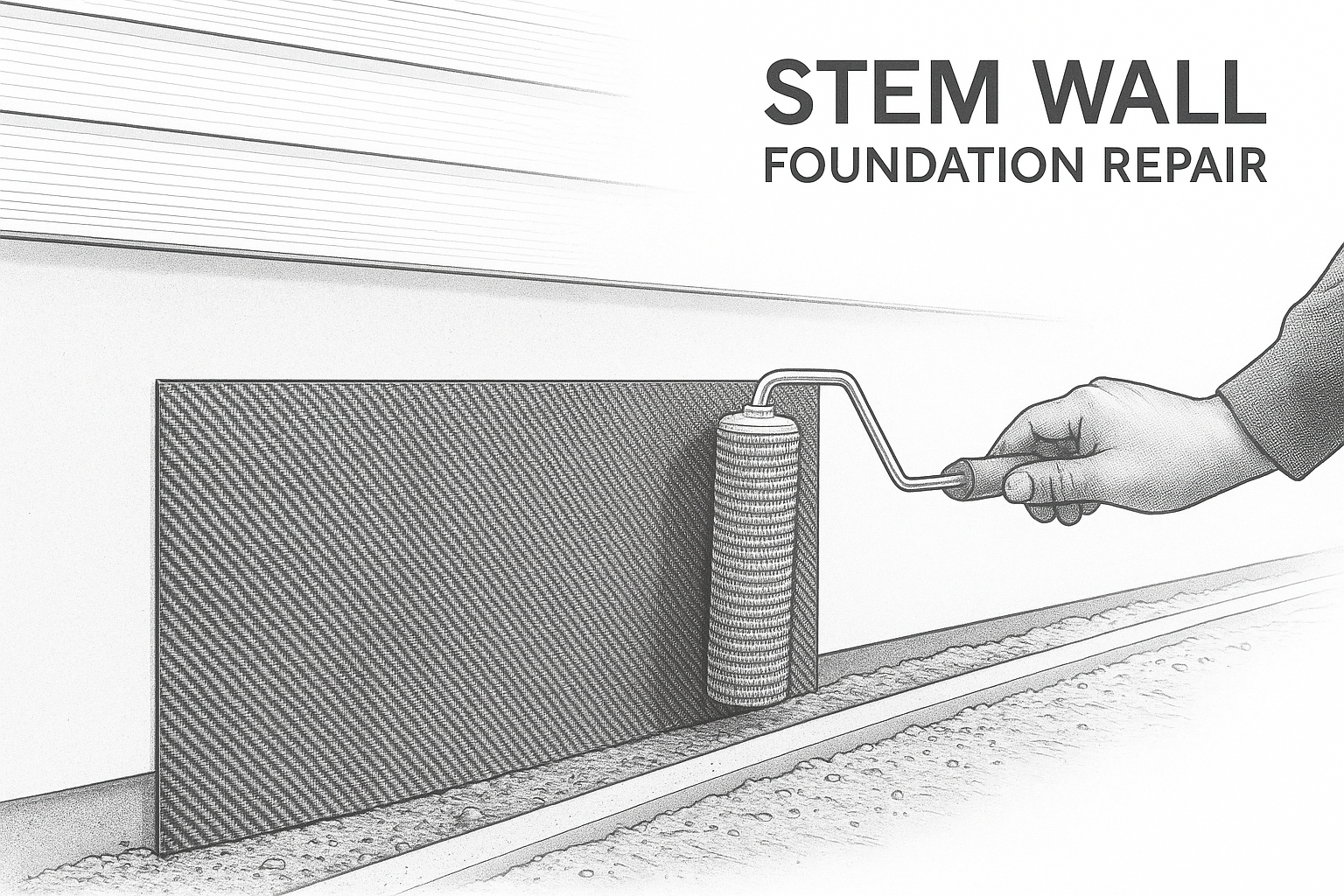 Worker applying epoxy to a stem wall with a roller tool.