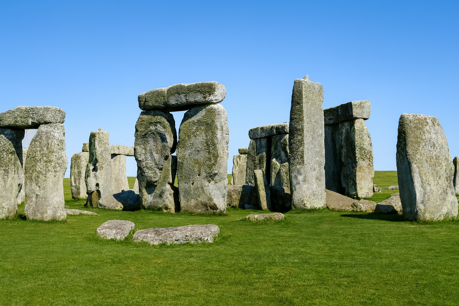 Sharp view of Stonehenge, a defining example of prehistoric architecture built by early human societies.