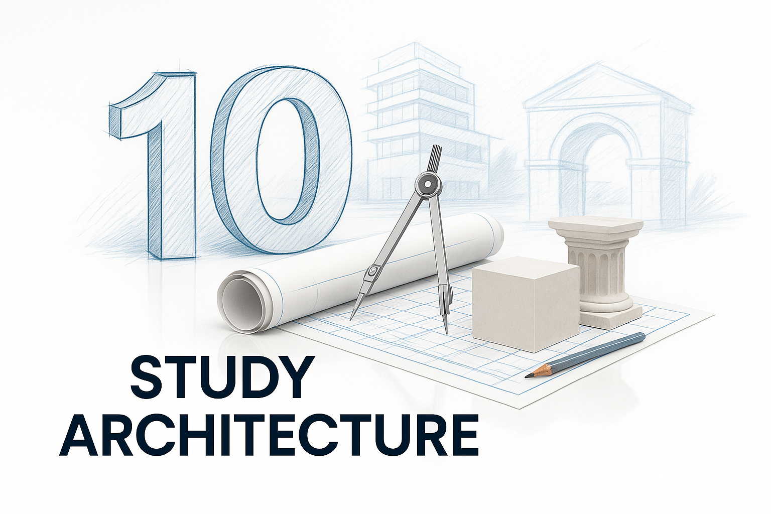 Blueprint sketch with compass, cube, and column showing reasons to study architecture.