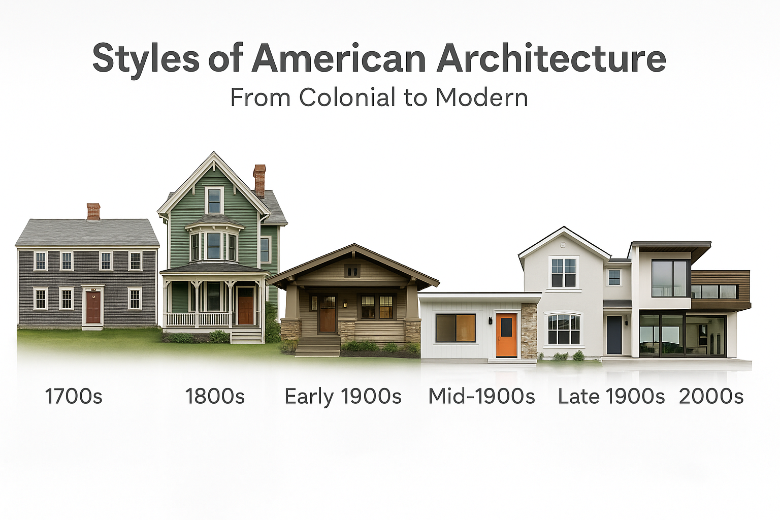 Timeline of American house styles from 1700s Colonial to modern 2000s designs.