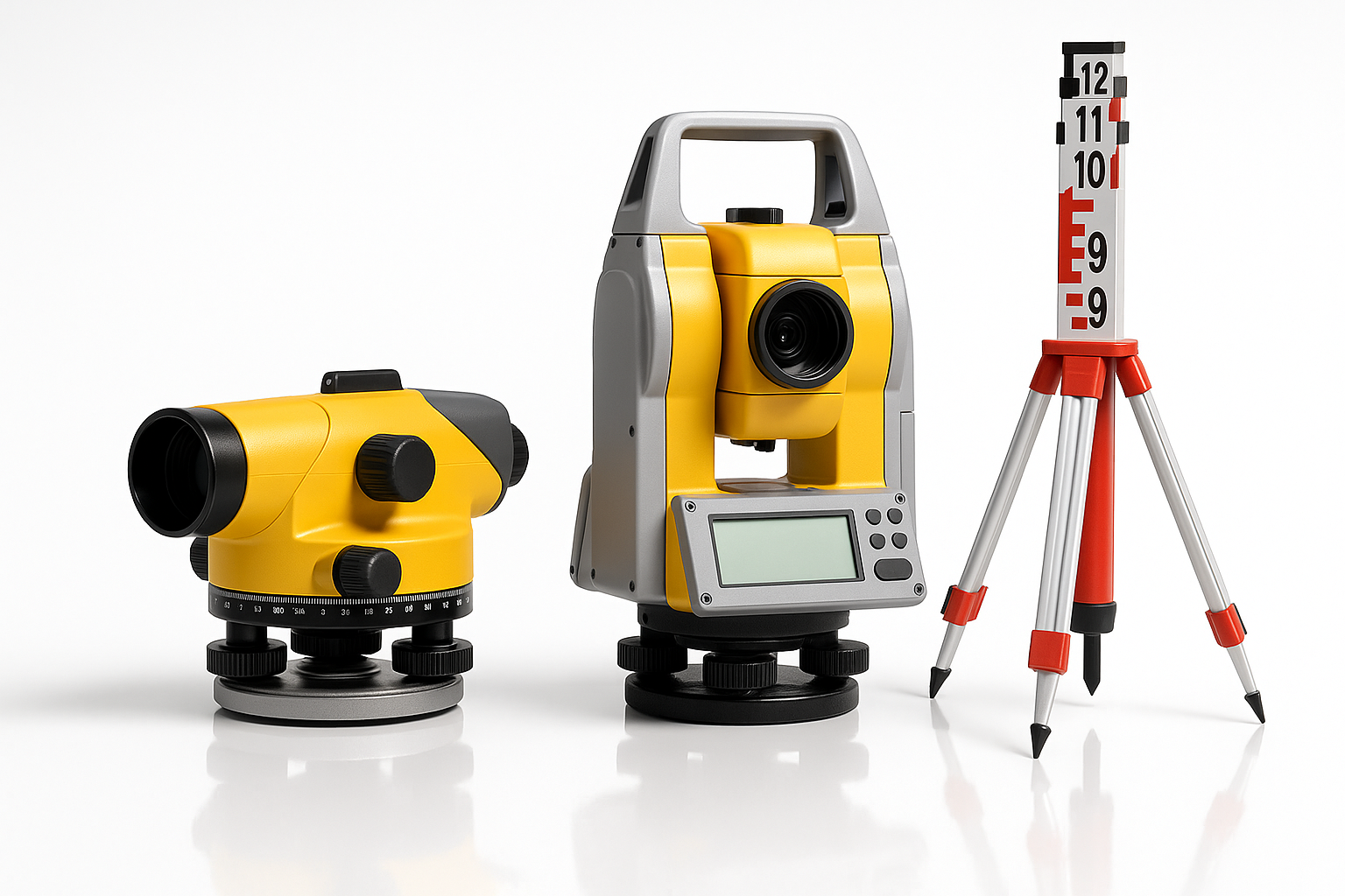  Three surveying instruments, including an automatic level, total station, and tripod-mounted leveling rod.