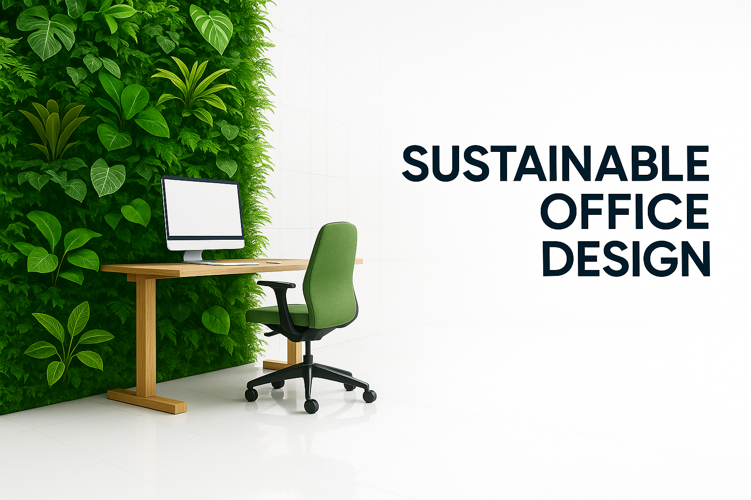 A sustainable office interior with glass partitions and greenery accents.