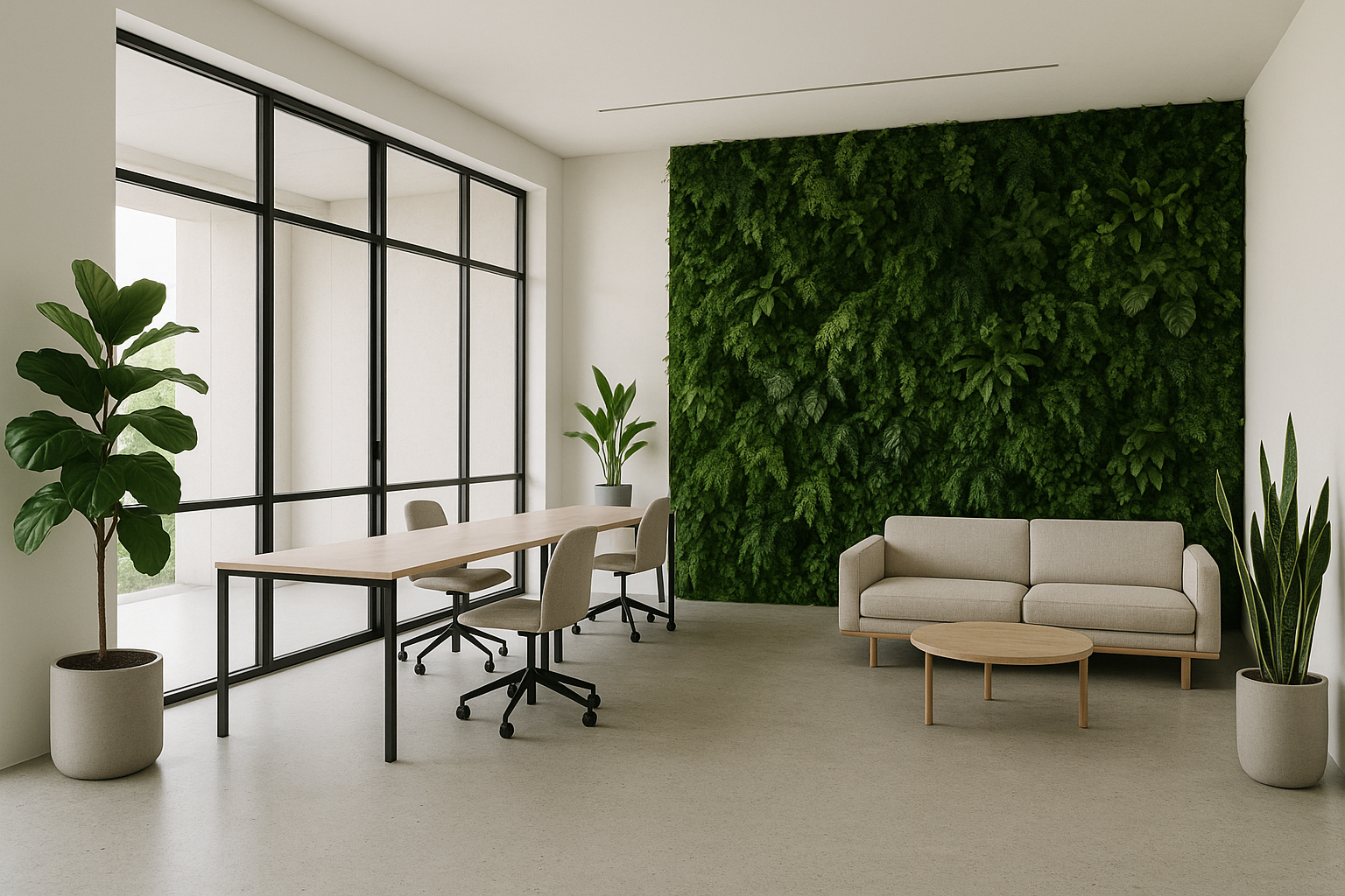 Bright modern office with desks, sofa, and green living wall.