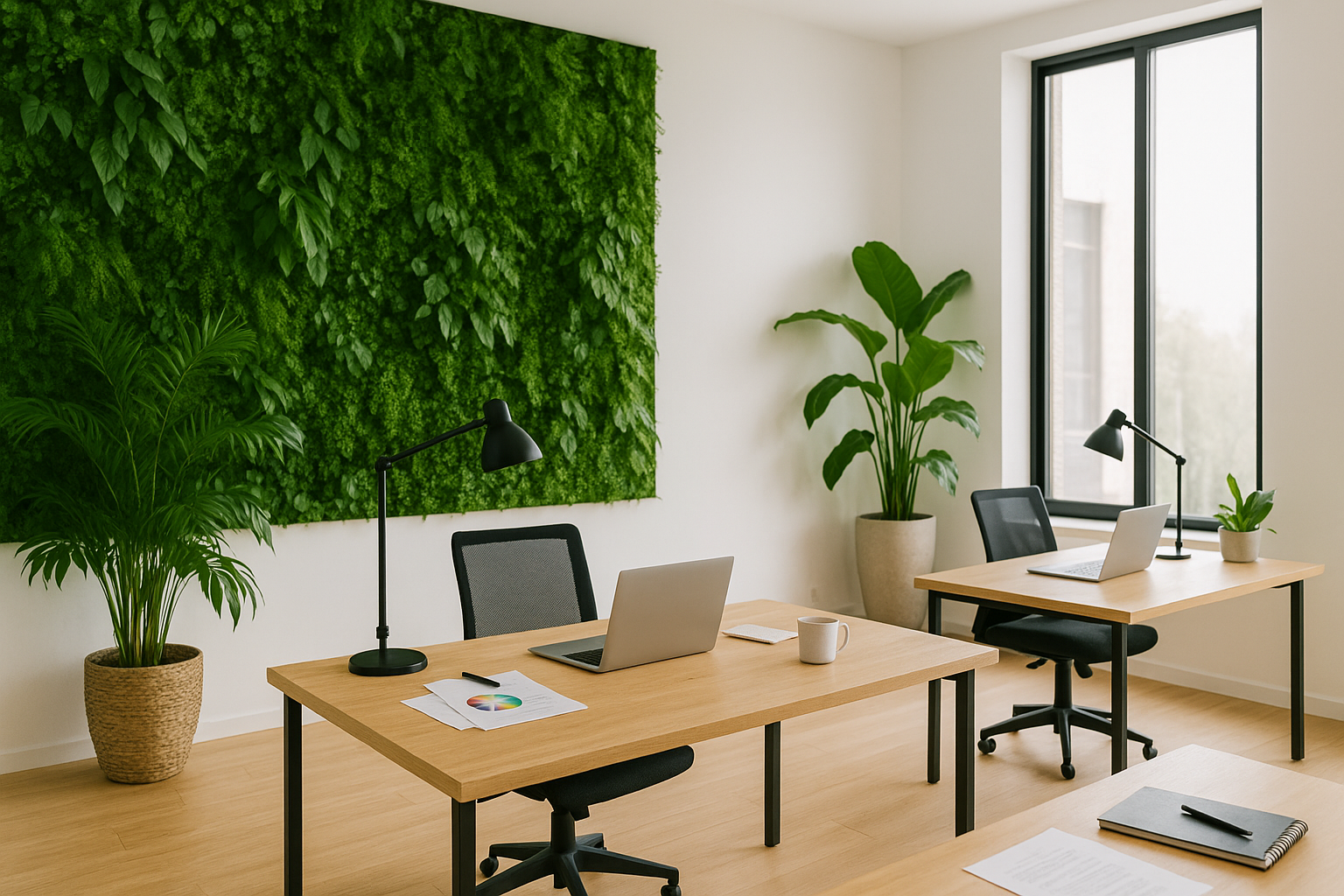 Modern sustainable office with natural light, wood desks, and indoor plants.