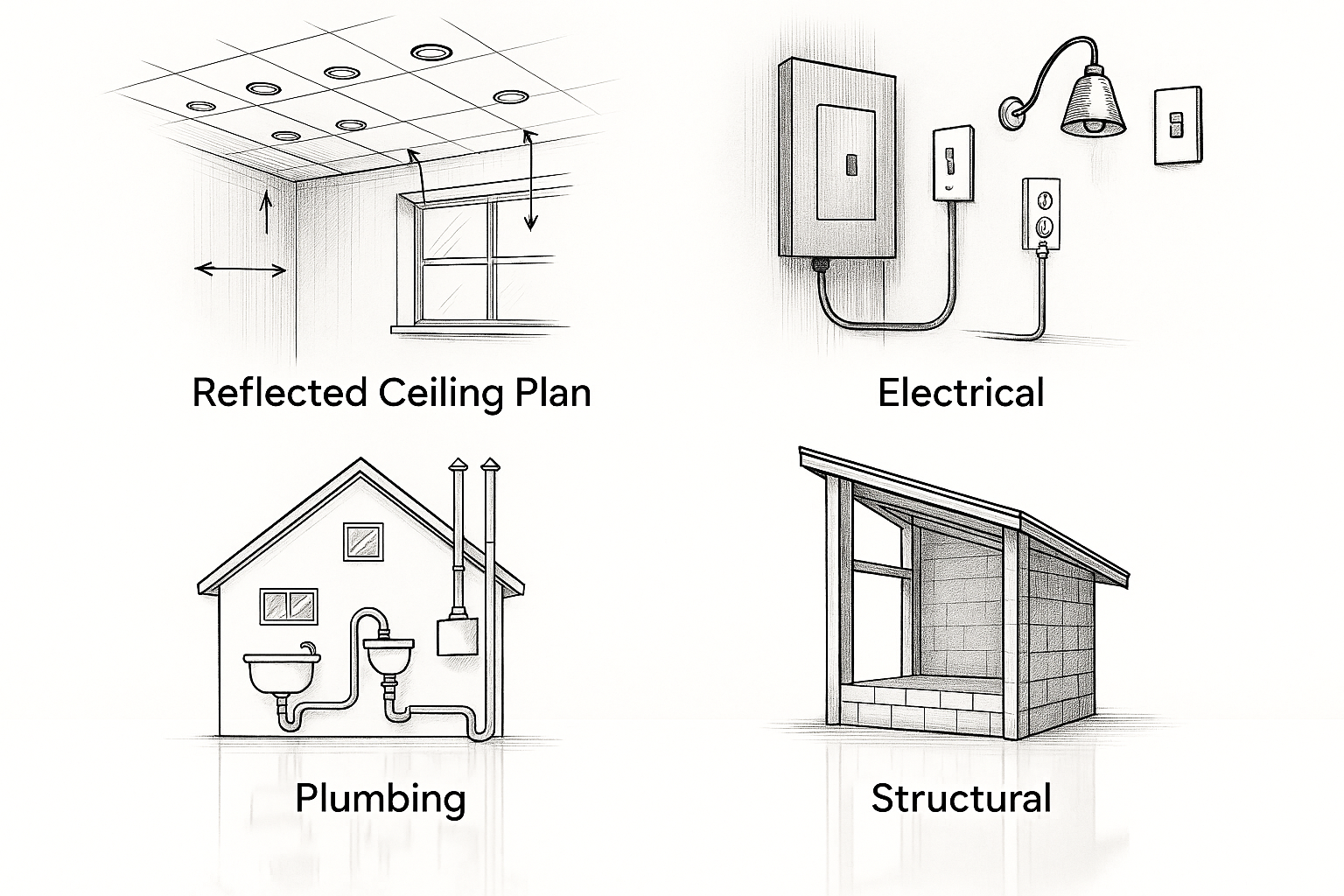 Architectural drawings showing ceiling, electrical, plumbing, HVAC, and structural plans.
