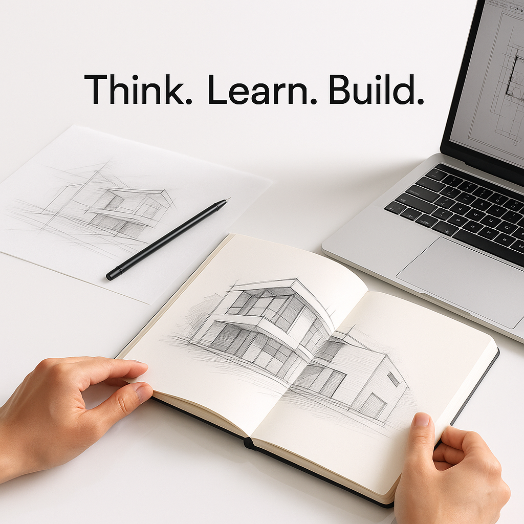 Architectural workspace with sketchbook, tracing paper, and laptop on white desk
