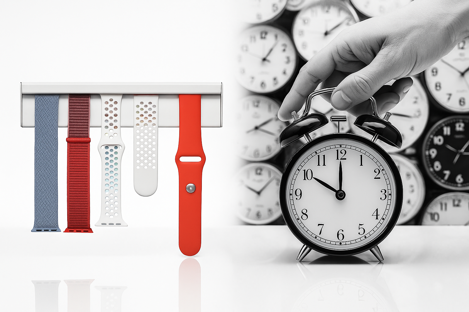 Watch straps and alarm clock with wall clocks in background.
