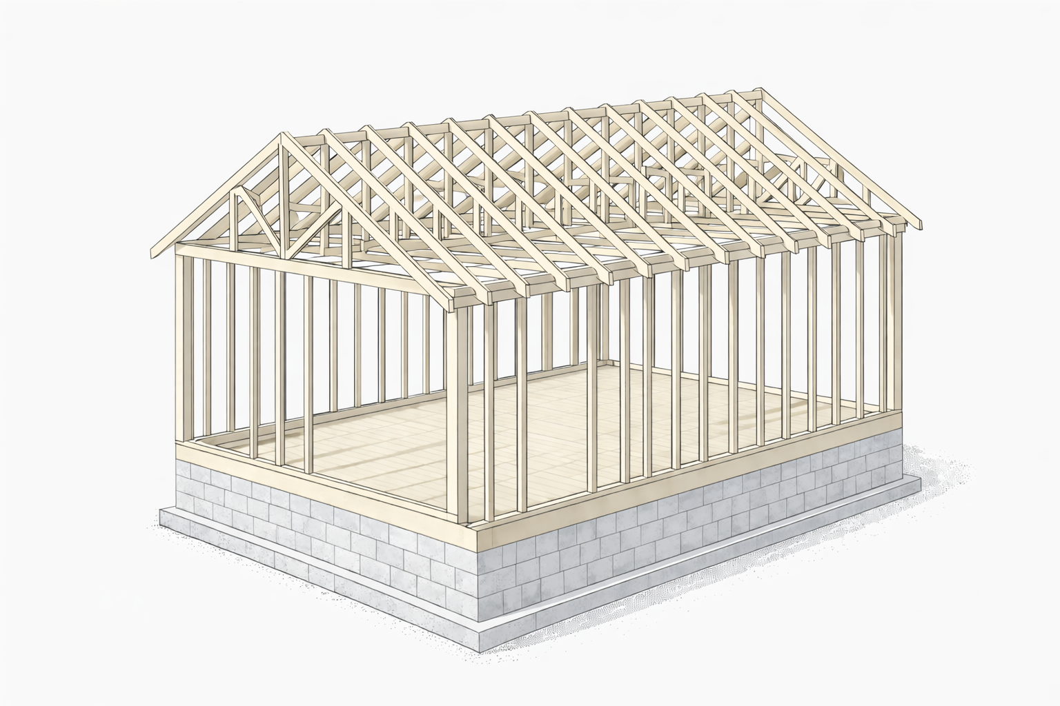 Repeated wood roof truss system spanning stud walls over a CMU foundation.