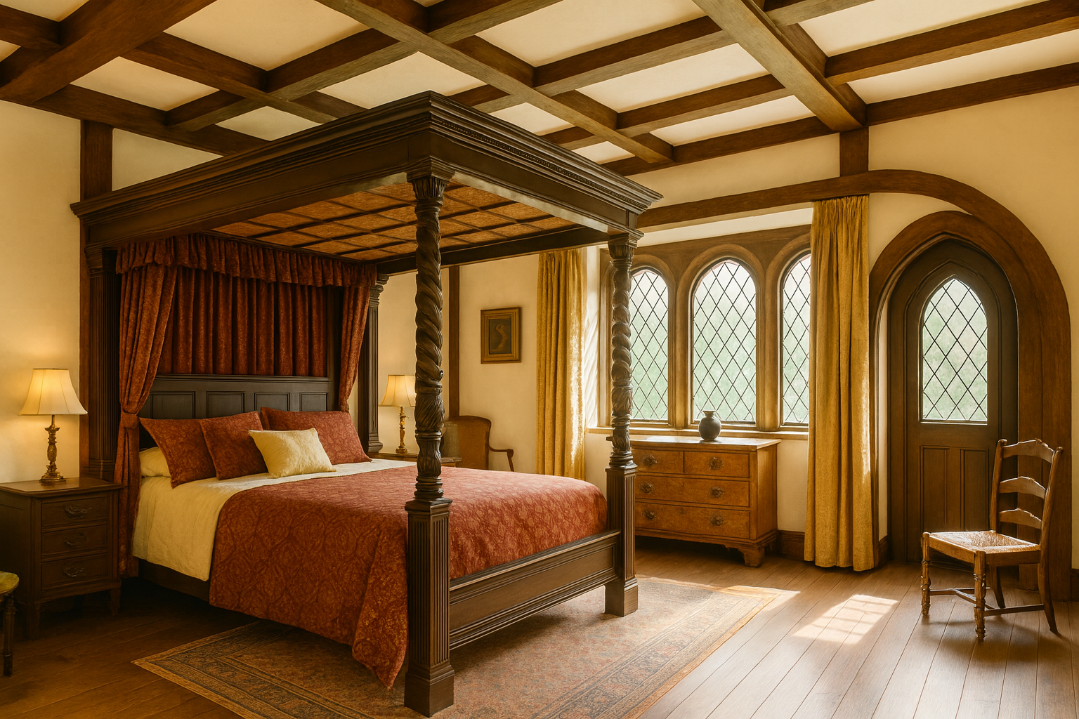 Restored Tudor-style bedroom with four-poster bed, wooden beams, and arched windows.
