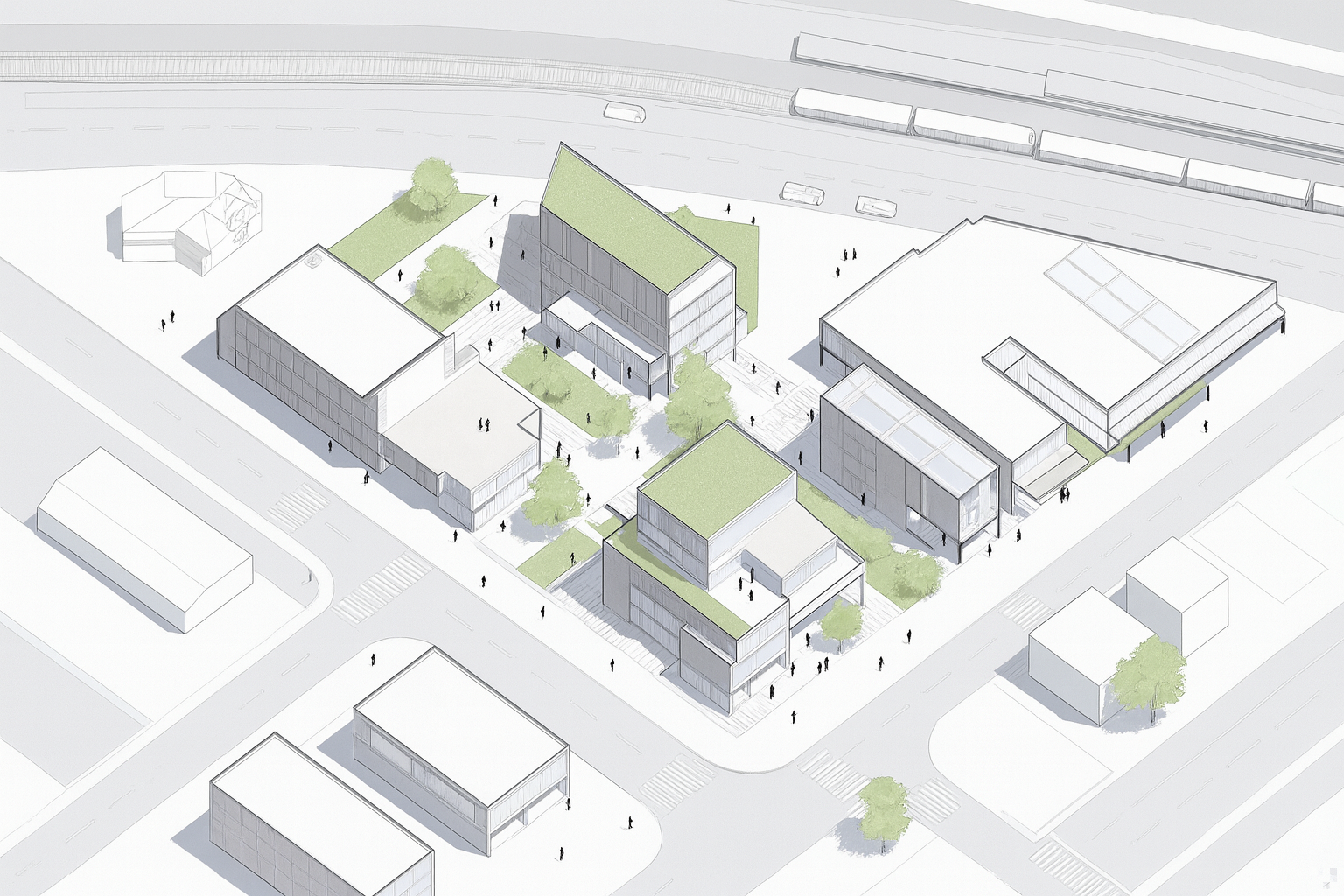Bird’s-eye view architectural site plan with modern buildings and green spaces.