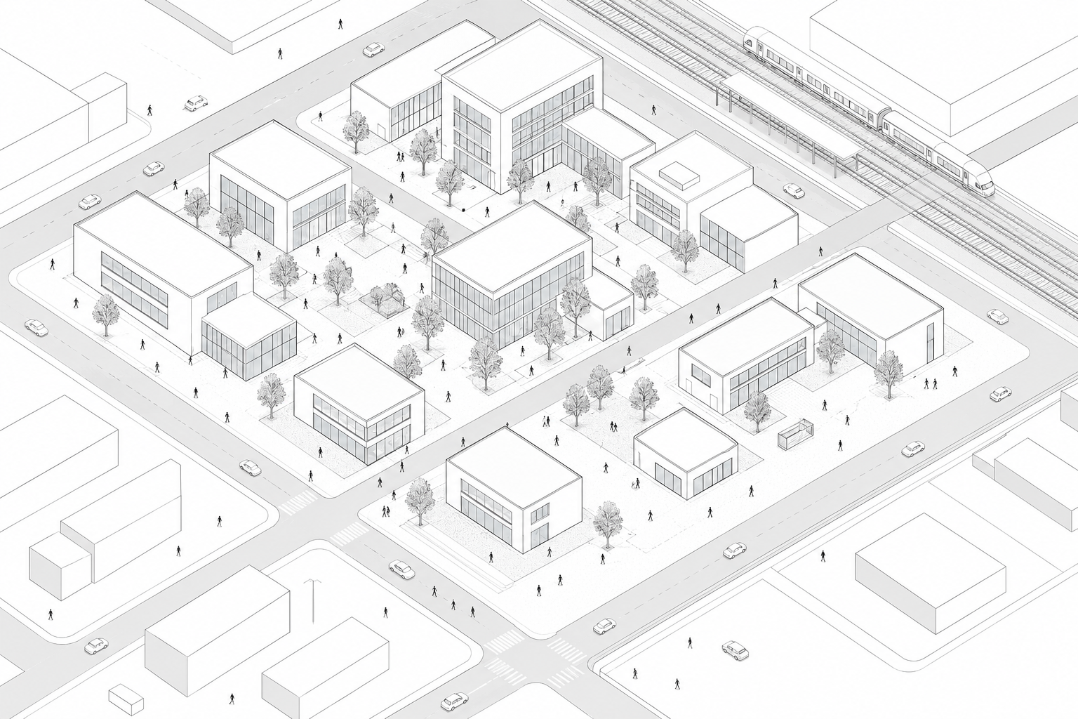 Isometric urban site plan showing buildings, streets, rail access, pedestrian paths, trees, and open spaces in a coherent planning layout.