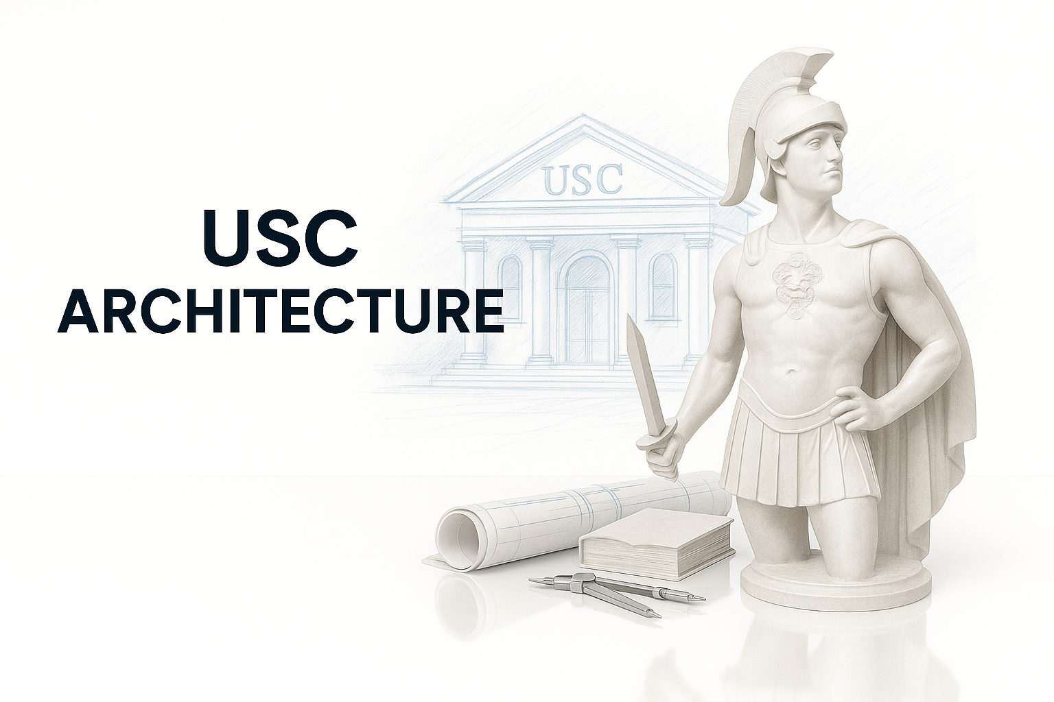 Statuette with blueprints and USC building sketch representing USC architecture program.