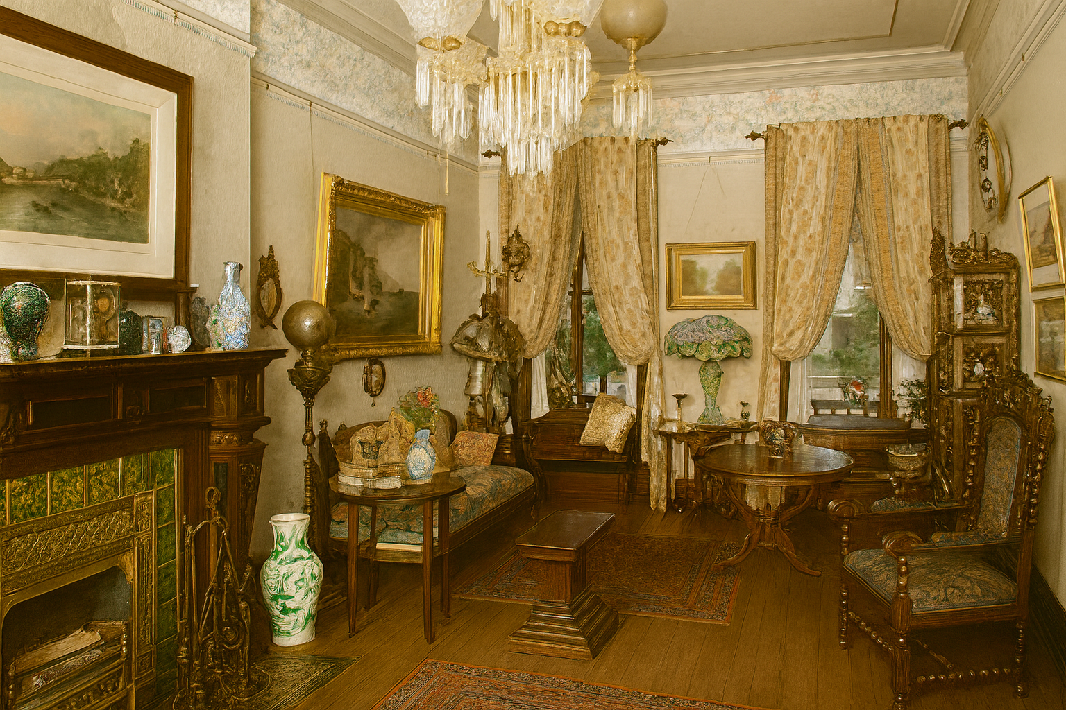 Victorian 1880s parlor with ornate fireplace, chandelier, and period furniture.