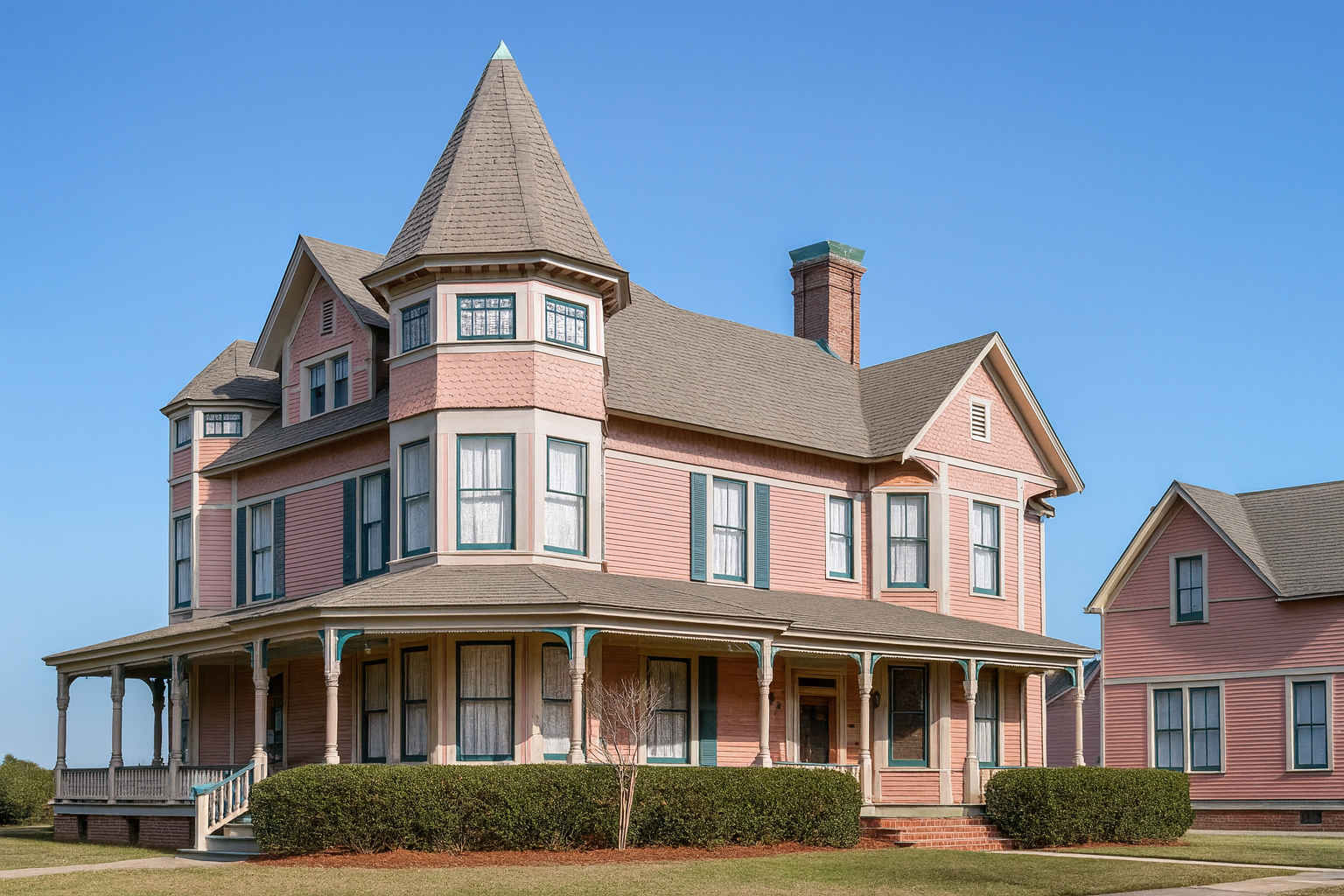 Close-up of Victorian house with enhanced colors.