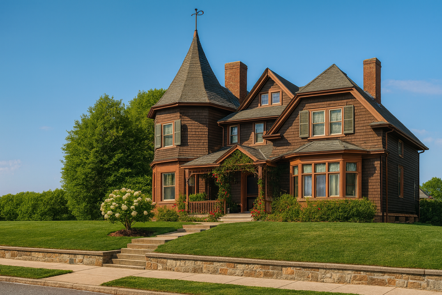 Colorized Victorian house with a turret and detailed woodwork.