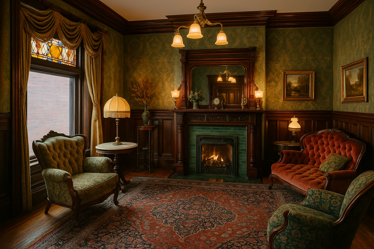 Victorian living room interior with fireplace, ornate woodwork, antique furniture, and stained glass window.