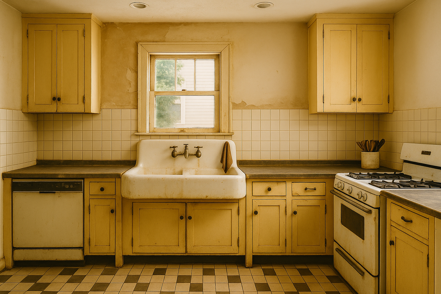 Full view of a worn 1930s kitchen with original cabinets and sink.