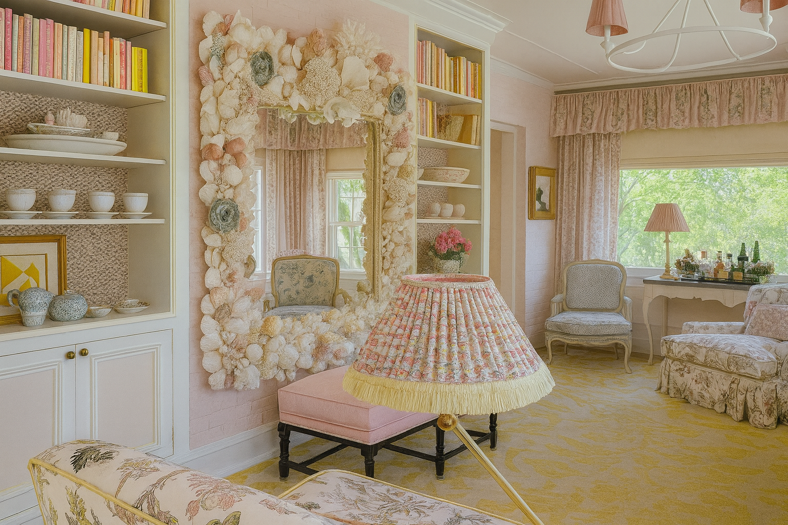 1950s vintage living room with pastel pink walls, floral upholstery, and large decorative mirror.