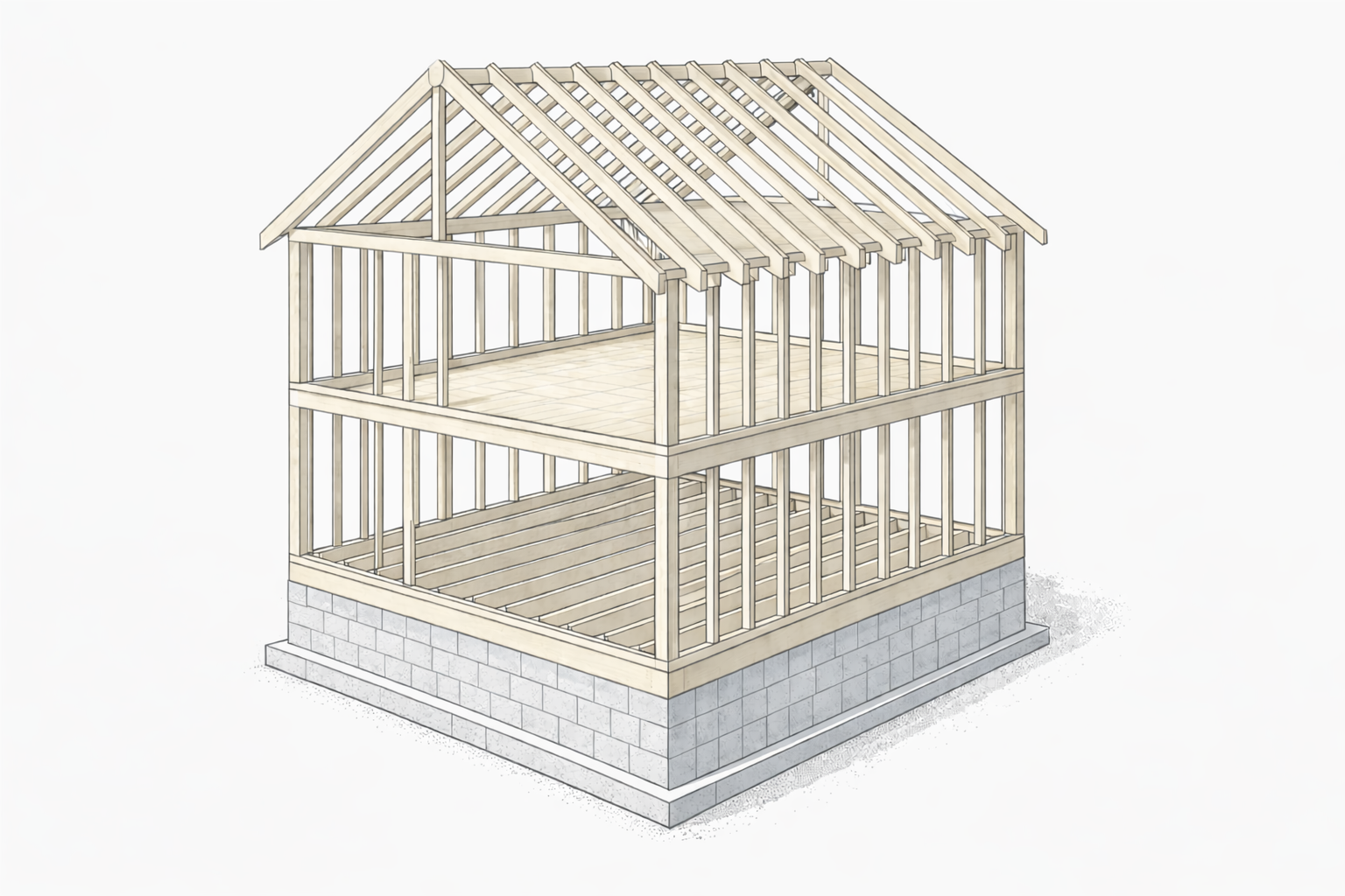 Two-story platform framing structure showing stacked floor platforms over a CMU foundation.
