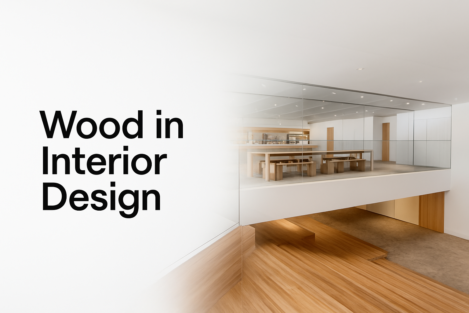 Minimalist interior with wood flooring, glass walls, and clean white surfaces.